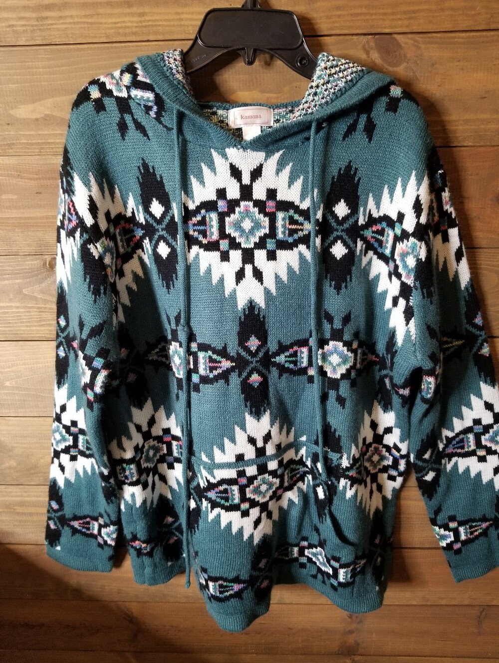 Kamana Teal Aztec Southwestern Heavy Thick Knitted Sweater Hoodie Sz Meduim